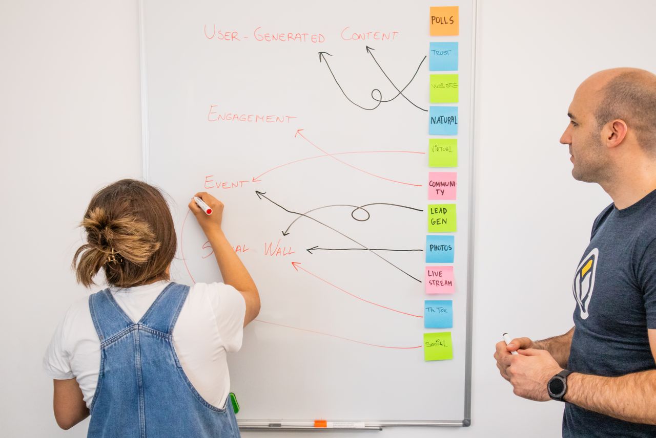 Two colleagues collaborate on a marketing strategy using a whiteboard, focusing on user-generated content.